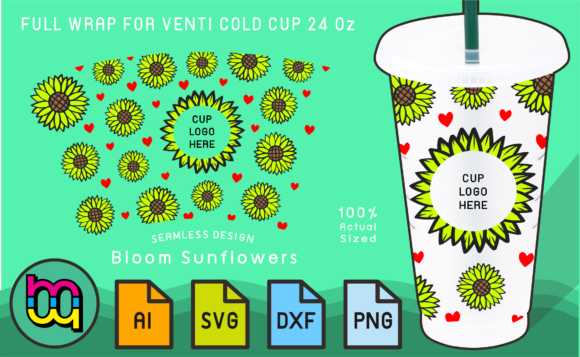 24oz Cold Cup Full Wrap Bloom Sunflowers Graphics