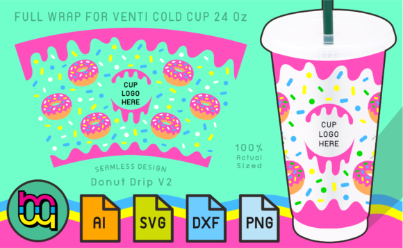 24oz Cold Cup Full Wrap Donut Drip V2: Graphics & Print Templates