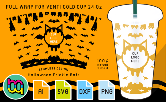 24oz Cold Cup Full Wrap Halloween Bats Graphics and Print Templates