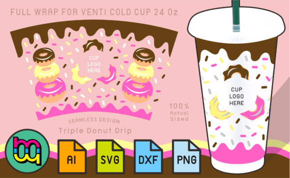 24oz Cold Cup Full Wrap Trio Donut Drip Graphics