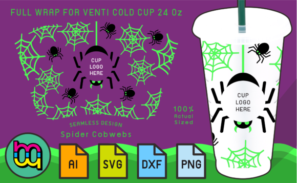 24oz Cold Cup Wrap Green Spider Cobwebs Graphics and Print Templates
