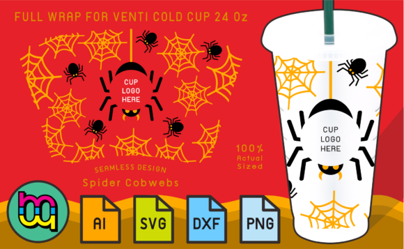 24oz Cold Cup Wrap Orange Spider Cobwebs Graphics and Print Templates