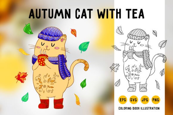 Cat with Cup of Tea Coloring Book Page: Graphics and Coloring Pages Amp
