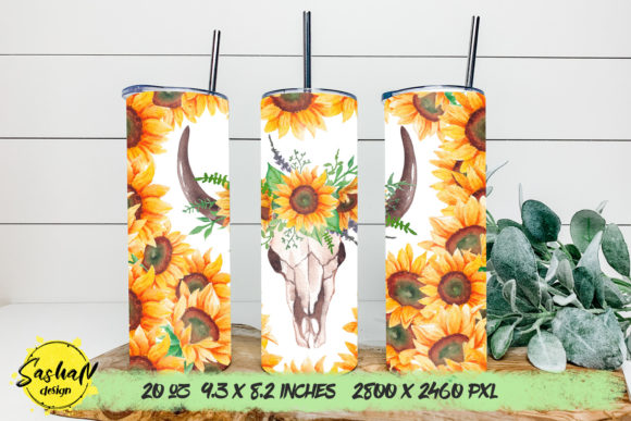 Cow Skull and Sunflower Tumbler Wrap Png – Graphics and Print Templates